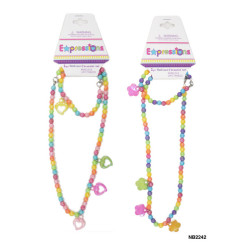 Necklace & Bracelet set colored beads w/flower or heart pendant